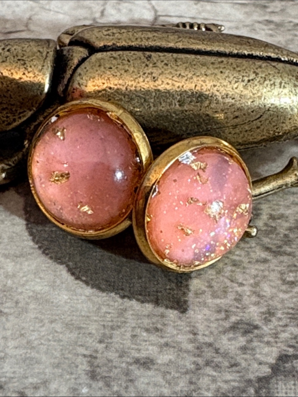 Gold-Frame Pink Druzy Stud Earrings
